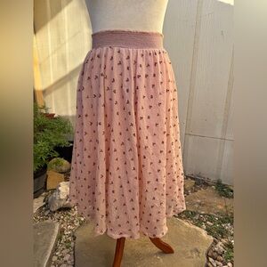 Vintage New Romantics Free People Pink Mesh Midi Skirt Floral Embroidery Boho